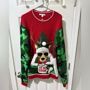 Red and Green Christmas Sweater with Reindeer Builtin Cup Holder